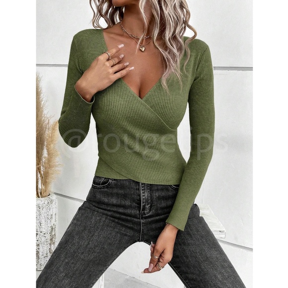 Green Rib-Knit V-Neck Overlapping Surplice Faux Wrap Light Sweater Top - Picture 2 of 7